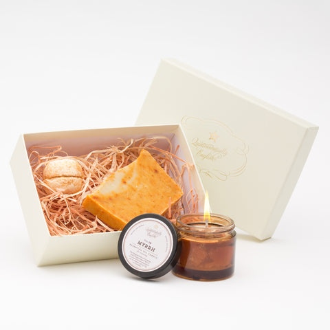 Gold Frankincense & Myrrh Soap, Candle and Bath Melt Gift Box